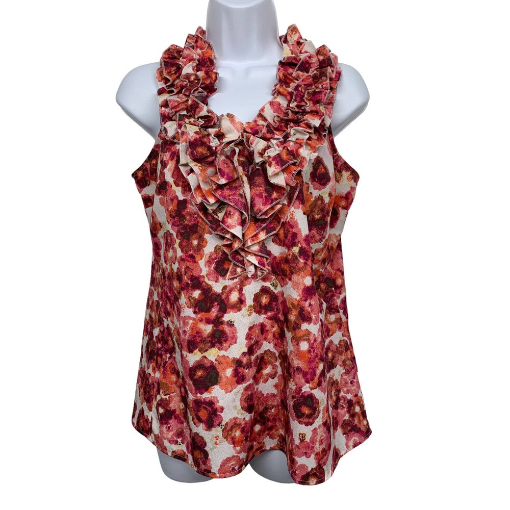 New York & Company Womens S Pink/Orange Floral Top Ruffle Neck Sleeveless